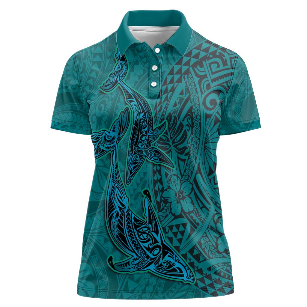Hawaiian Whales Polynesian Art Motifs Women Polo Shirt Turquoise Color - Polynesian Pride