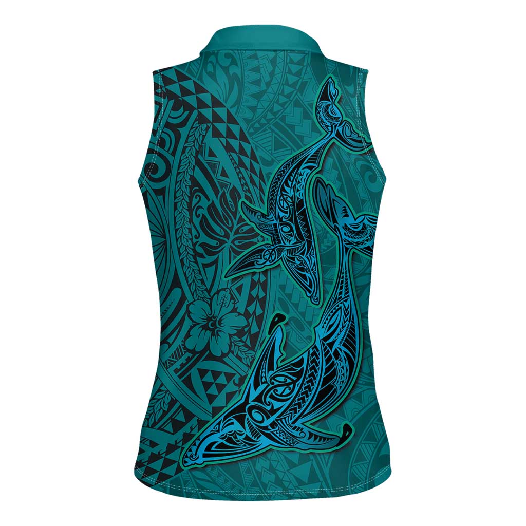 Hawaiian Whales Polynesian Art Motifs Women Sleeveless Polo Shirt Turquoise Color - Polynesian Pride