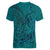 Hawaiian Whales Polynesian Art Motifs Women V-Neck T-Shirt Turquoise Color - Polynesian Pride