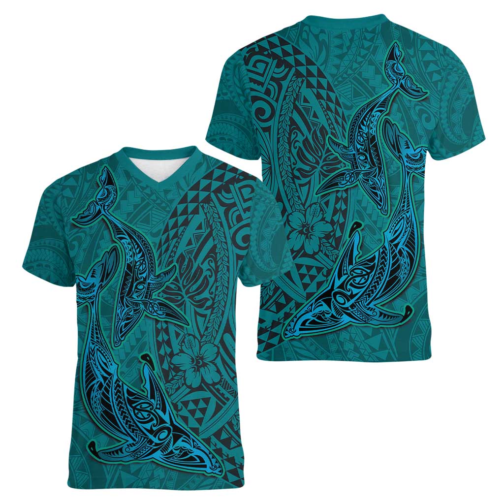 Hawaiian Whales Polynesian Art Motifs Women V-Neck T-Shirt Turquoise Color - Polynesian Pride