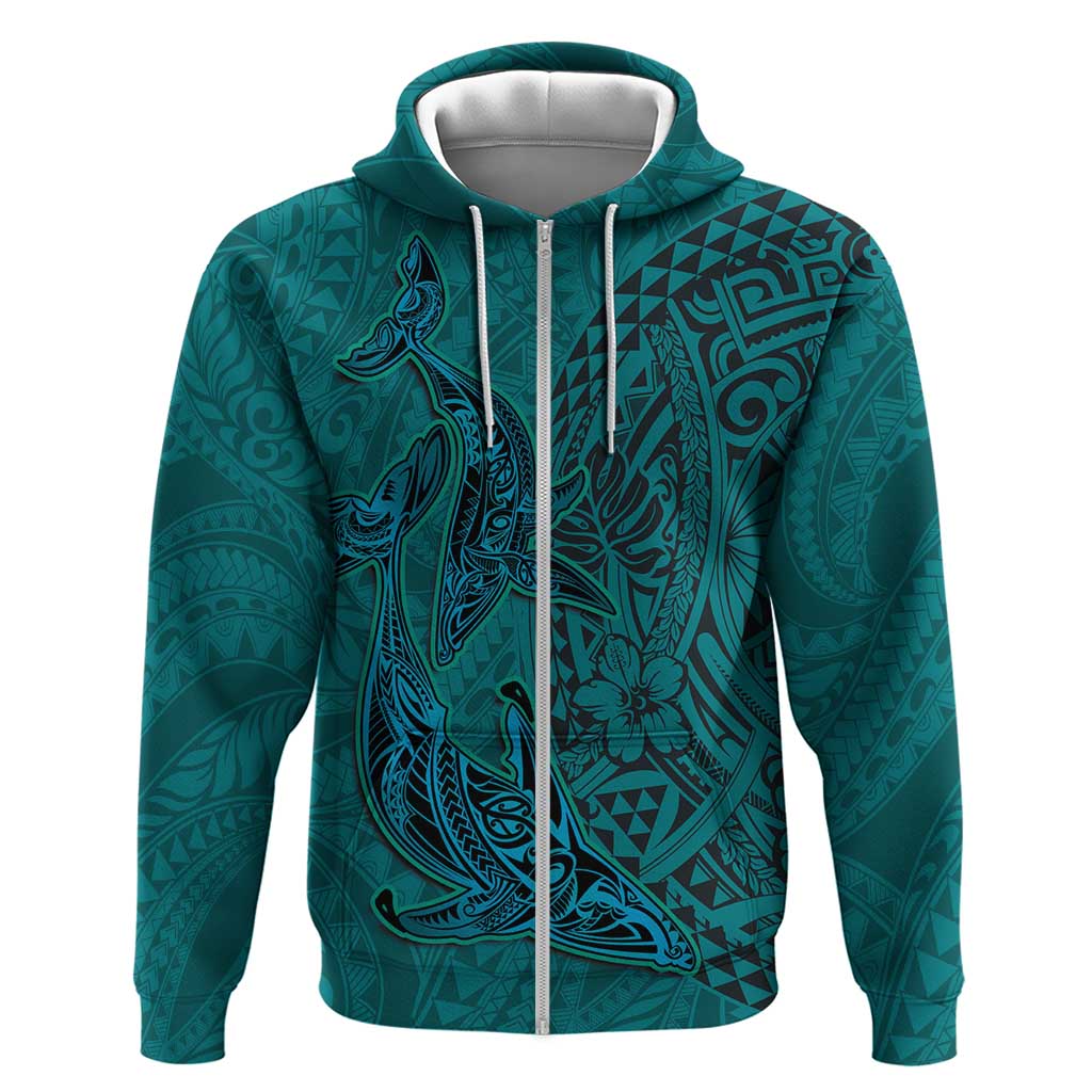 Hawaiian Whales Polynesian Art Motifs Zip Hoodie Turquoise Color - Polynesian Pride