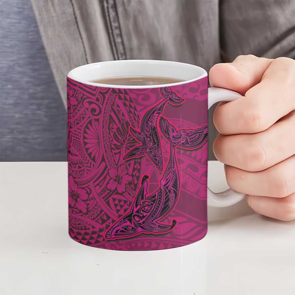 Hawaiian Whales Polynesian Art Motifs Ceramic Mug Pink Color - Polynesian Pride