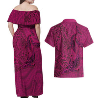 Hawaiian Whales Polynesian Art Motifs Couples Matching Off Shoulder Maxi Dress and Hawaiian Shirt Pink Color - Polynesian Pride