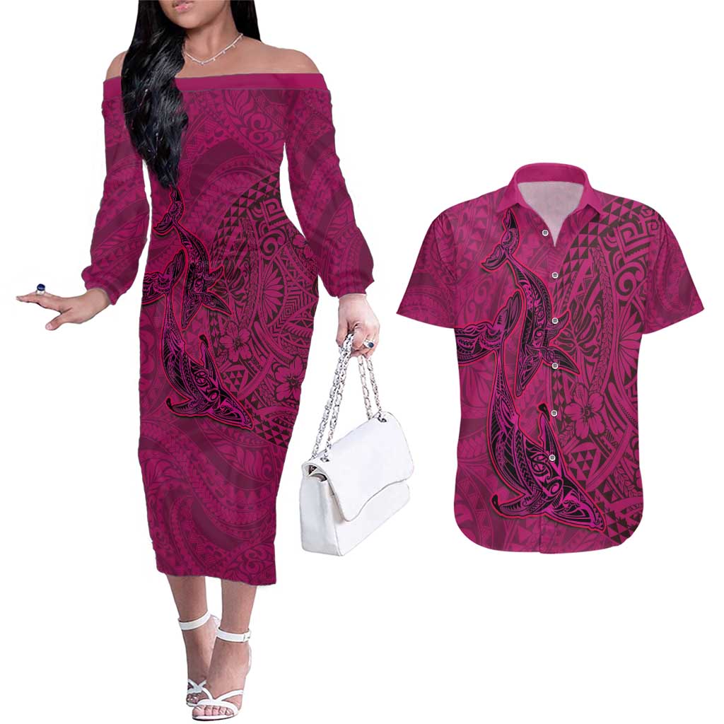 Hawaiian Whales Polynesian Art Motifs Couples Matching Off The Shoulder Long Sleeve Dress and Hawaiian Shirt Pink Color - Polynesian Pride