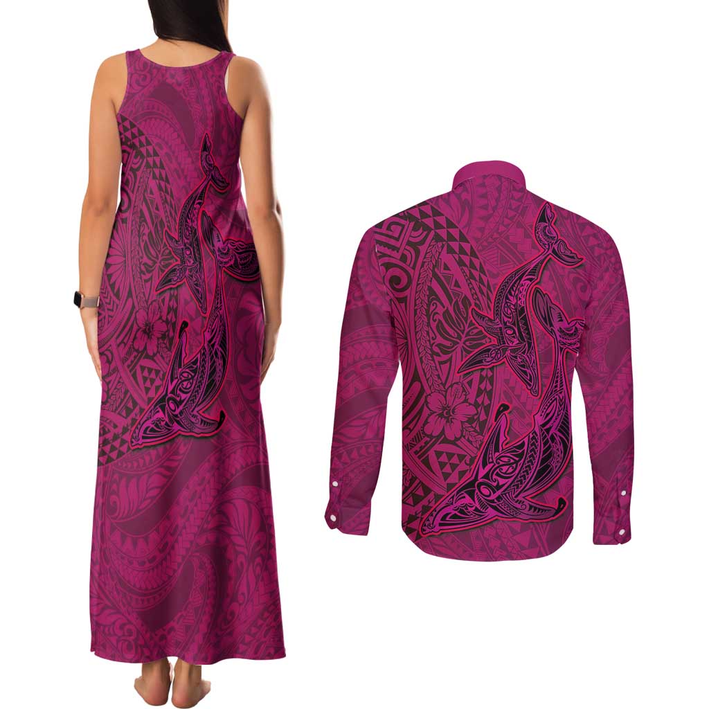 Hawaiian Whales Polynesian Art Motifs Couples Matching Tank Maxi Dress and Long Sleeve Button Shirt Pink Color - Polynesian Pride