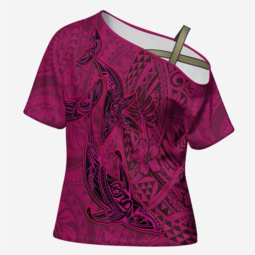 Hawaiian Whales Polynesian Art Motifs Cross Shoulder Shirt Pink Color - Polynesian Pride