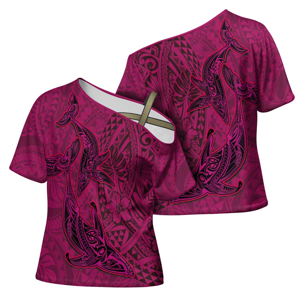 Hawaiian Whales Polynesian Art Motifs Cross Shoulder Shirt Pink Color - Polynesian Pride