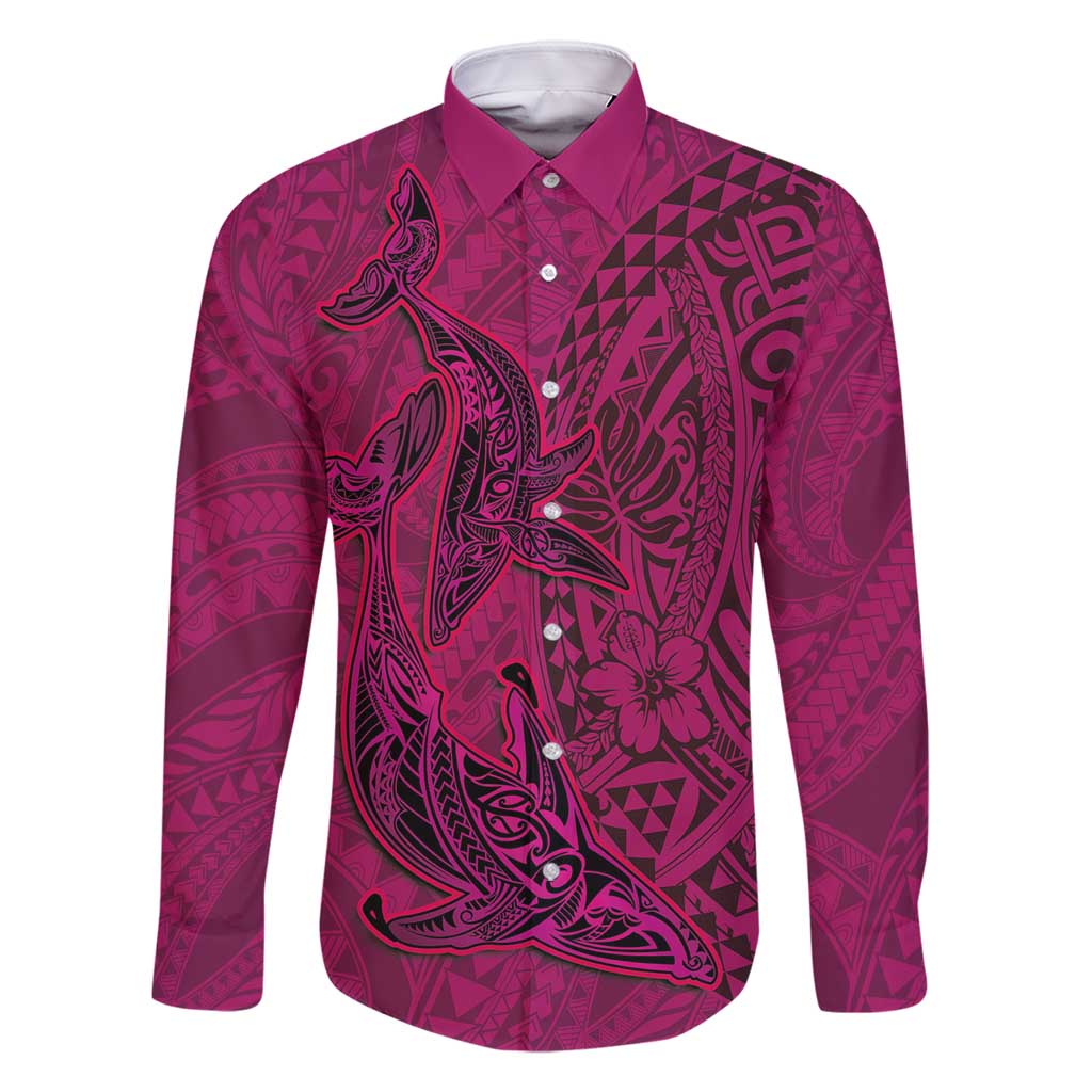 Hawaiian Whales Polynesian Art Motifs Family Matching Long Sleeve Bodycon Dress and Hawaiian Shirt Pink Color - Polynesian Pride