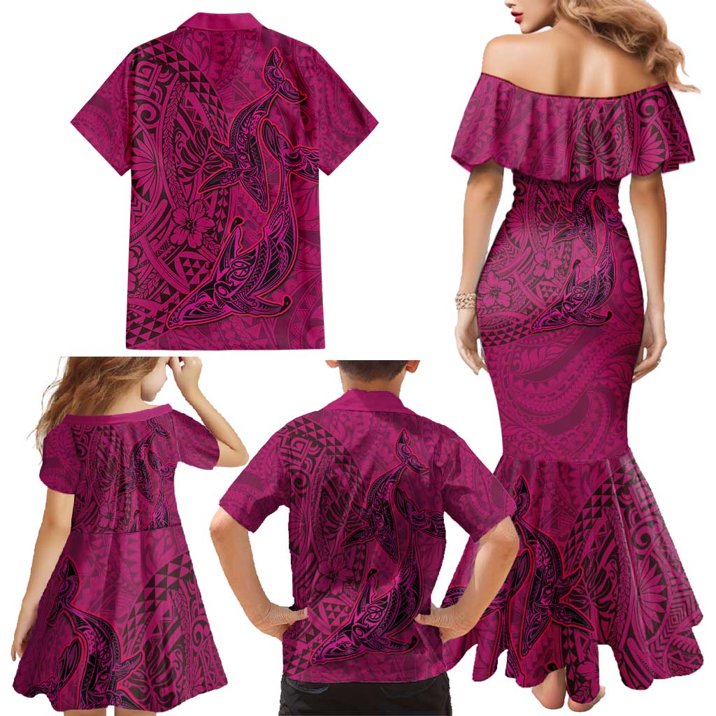 Hawaiian Whales Polynesian Art Motifs Family Matching Mermaid Dress and Hawaiian Shirt Pink Color - Polynesian Pride