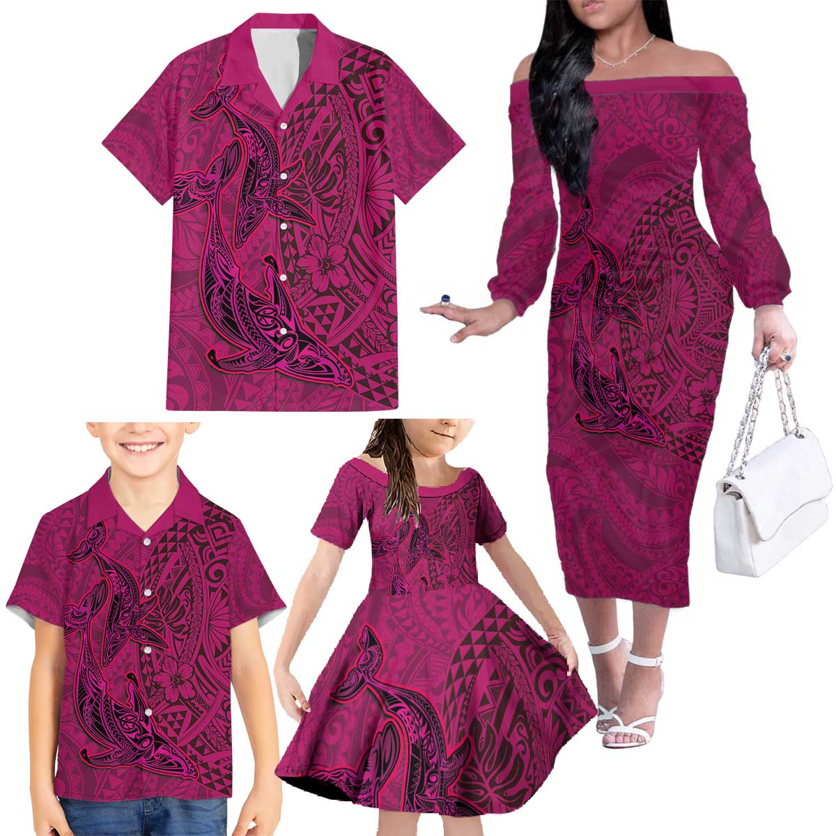Hawaiian Whales Polynesian Art Motifs Family Matching Off The Shoulder Long Sleeve Dress and Hawaiian Shirt Pink Color - Polynesian Pride