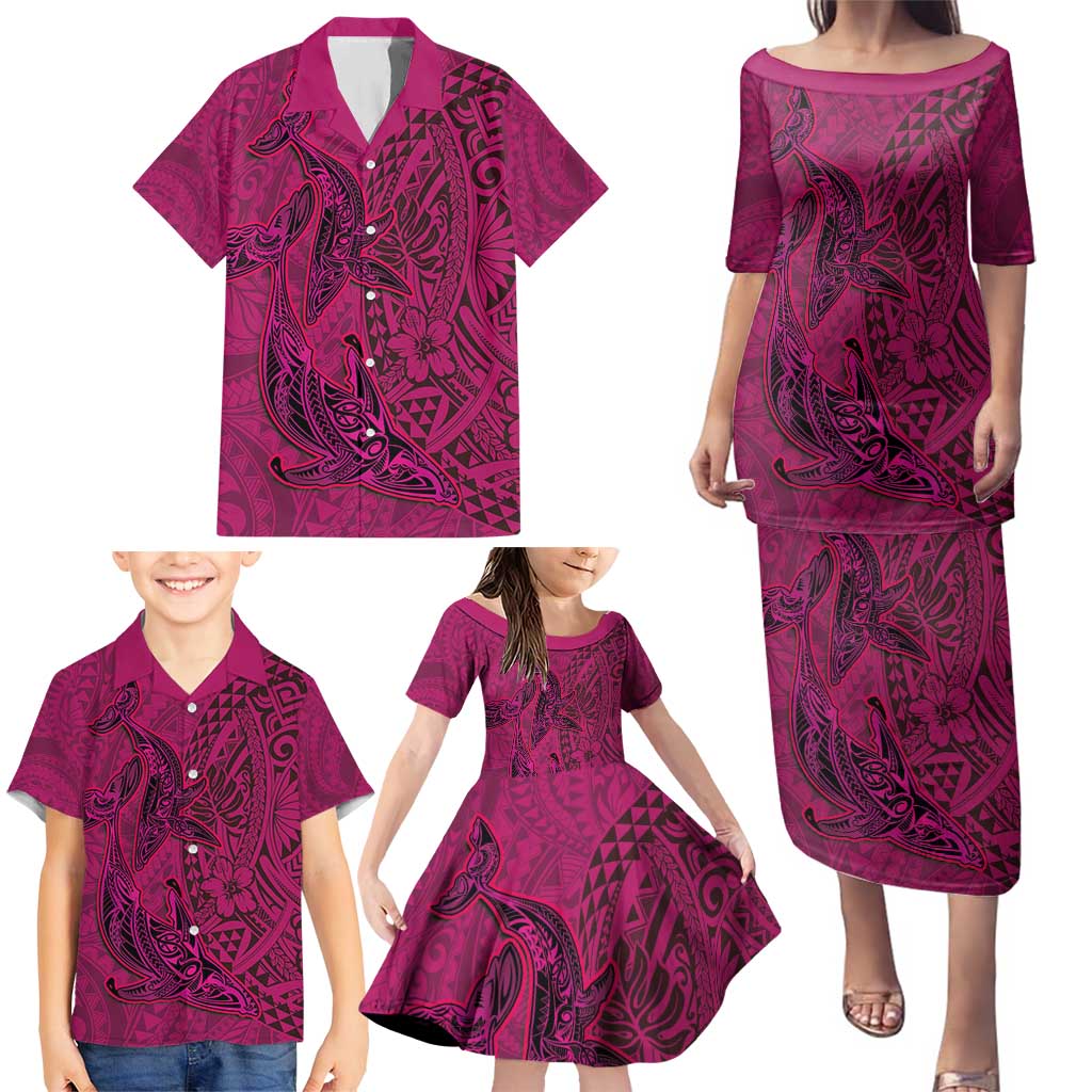 Hawaiian Whales Polynesian Art Motifs Family Matching Puletasi and Hawaiian Shirt Pink Color - Polynesian Pride