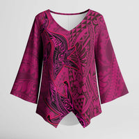 Hawaiian Whales Polynesian Art Motifs Kimono Sleeve Blouse Pink Color - Polynesian Pride