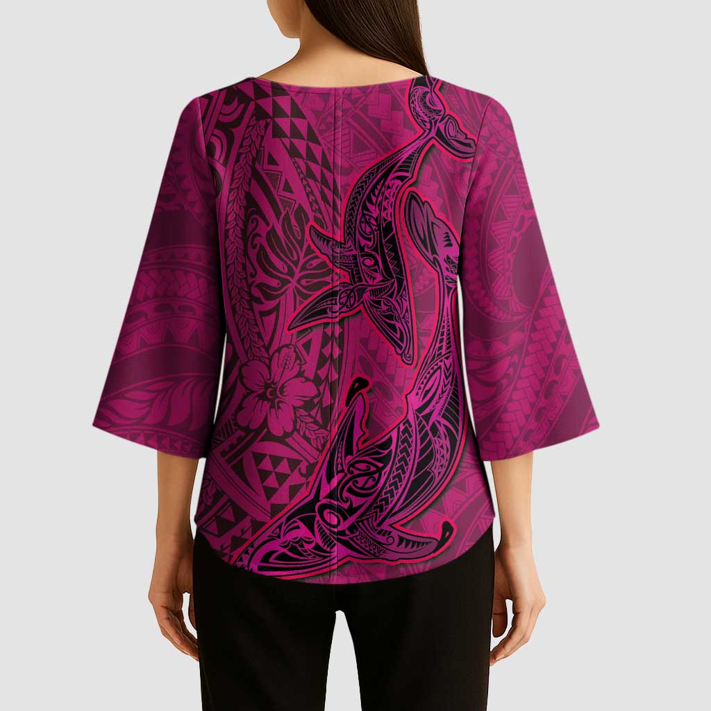 Hawaiian Whales Polynesian Art Motifs Kimono Sleeve Blouse Pink Color - Polynesian Pride
