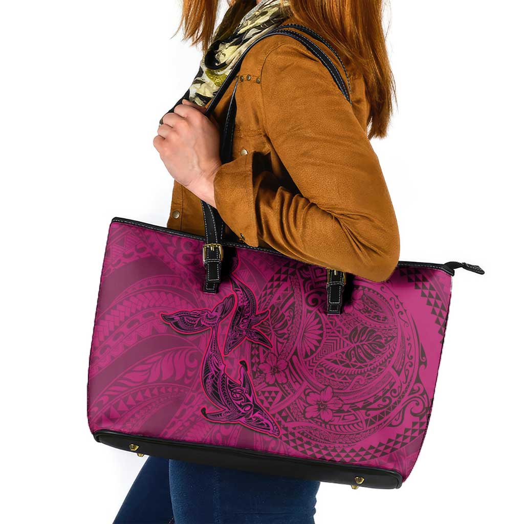 Hawaiian Whales Polynesian Art Motifs Leather Tote Bag Pink Color LT03 Pink - Polynesian Pride