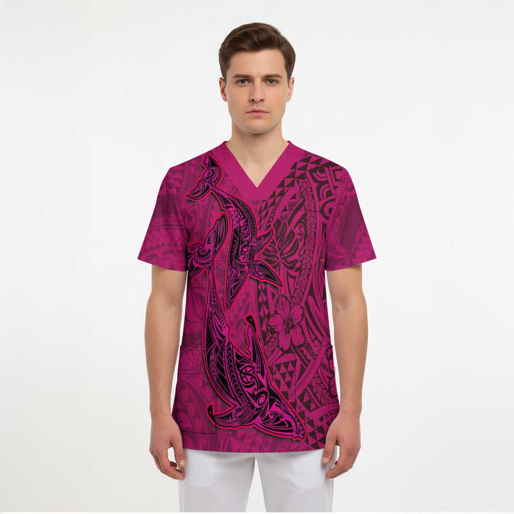 Hawaiian Whales Polynesian Art Motifs Scrub Top Pink Color - Polynesian Pride