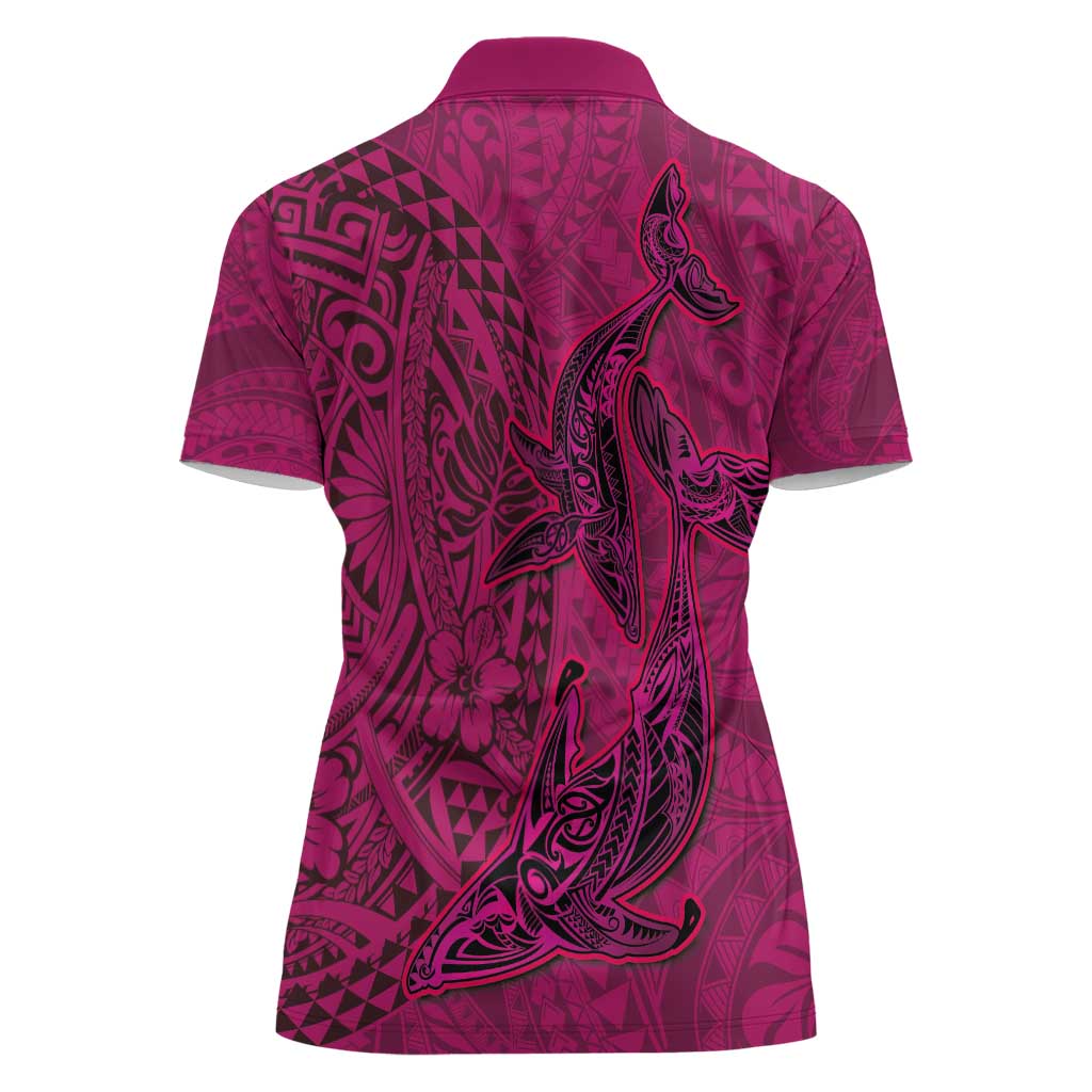 Hawaiian Whales Polynesian Art Motifs Women Polo Shirt Pink Color - Polynesian Pride