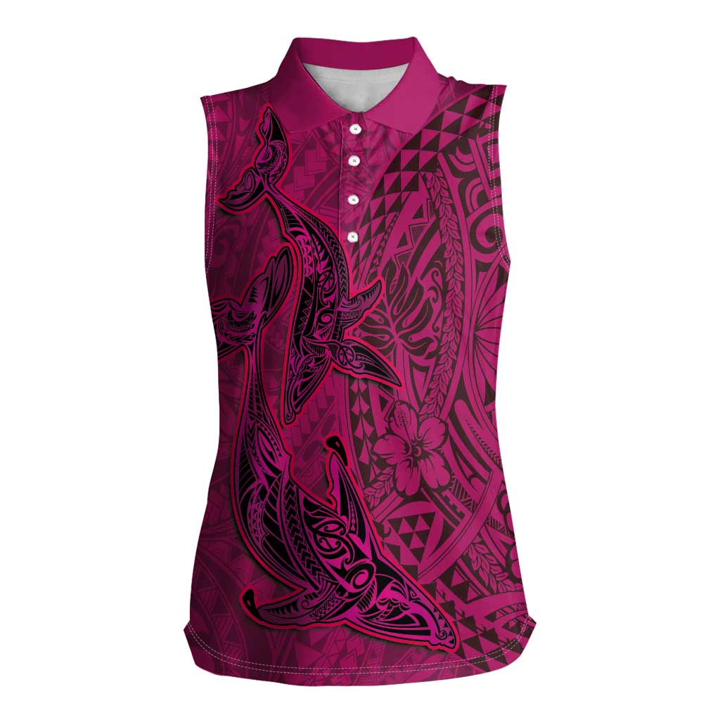 Hawaiian Whales Polynesian Art Motifs Women Sleeveless Polo Shirt Pink Color - Polynesian Pride