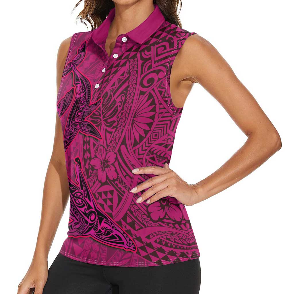 Hawaiian Whales Polynesian Art Motifs Women Sleeveless Polo Shirt Pink Color - Polynesian Pride