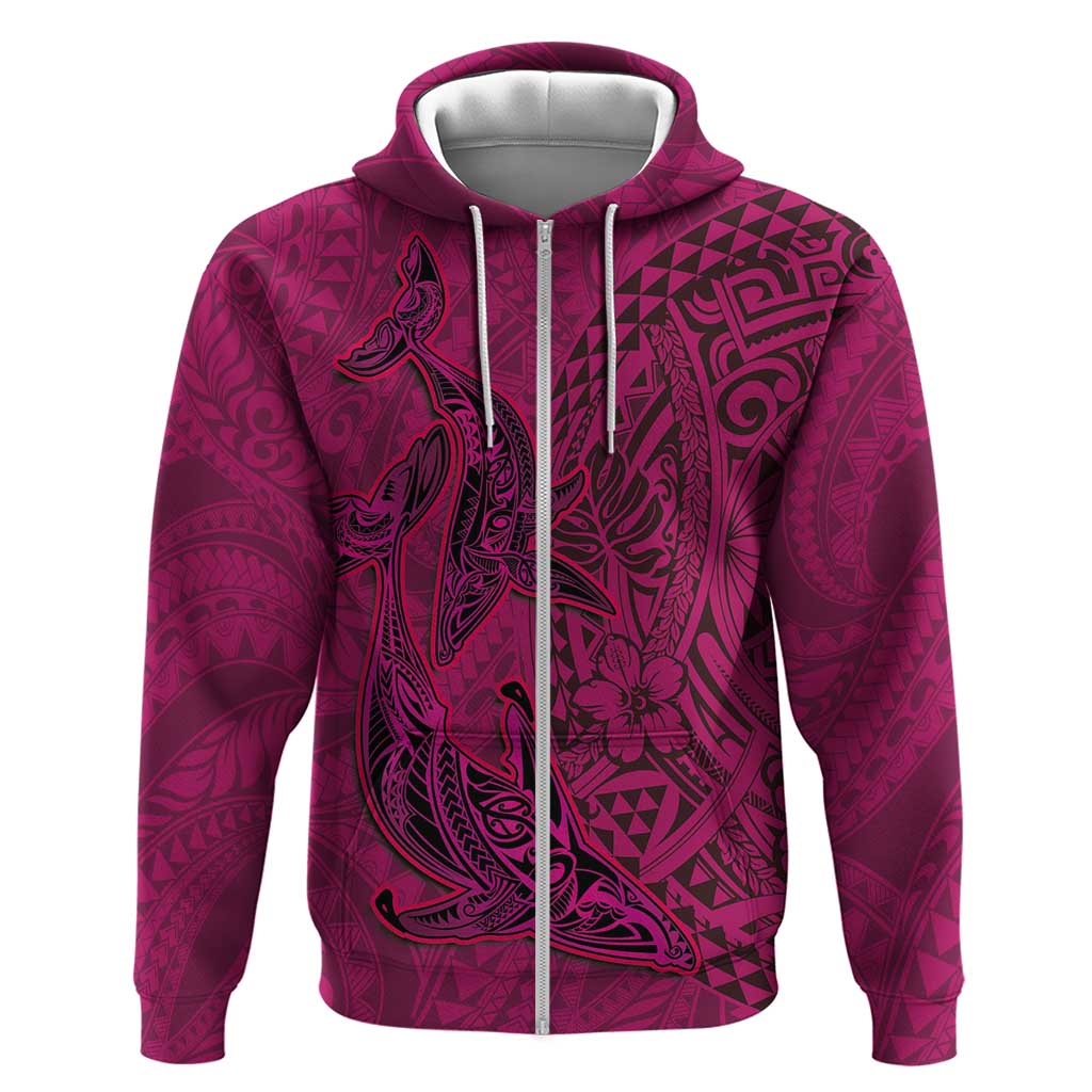 Hawaiian Whales Polynesian Art Motifs Zip Hoodie Pink Color - Polynesian Pride