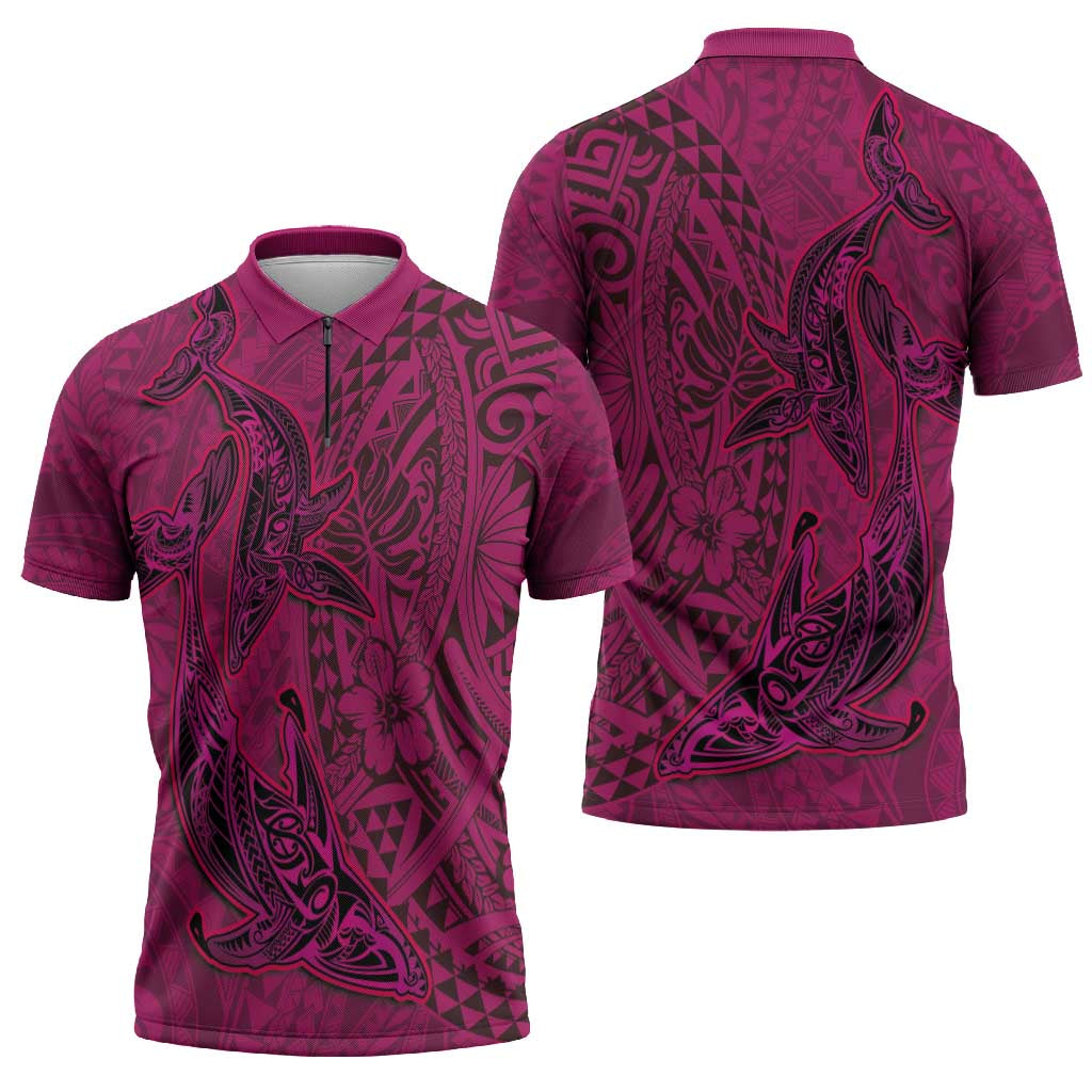 Hawaiian Whales Polynesian Art Motifs Zipper Polo Shirt Pink Color - Polynesian Pride