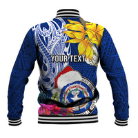 Custom Northern Mariana Islands Christmas Baseball Jacket Funny Santa Hug Latte Stone Ylang-ylang and Polynesia Pattern Blue LT03 - Polynesian Pride