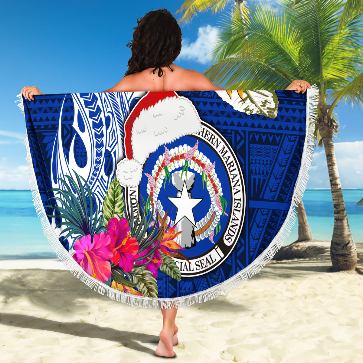 Custom Northern Mariana Islands Christmas Beach Blanket Funny Santa Hug Latte Stone Ylang-ylang and Polynesia Pattern Blue LT03 - Polynesian Pride