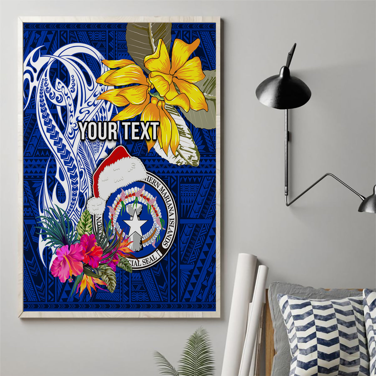 Custom Northern Mariana Islands Christmas Canvas Wall Art Funny Santa Hug Latte Stone Ylang-ylang and Polynesia Pattern Blue LT03 - Polynesian Pride