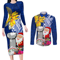 Custom Northern Mariana Islands Christmas Couples Matching Long Sleeve Bodycon Dress and Long Sleeve Button Shirt Funny Santa Hug Latte Stone Ylang-ylang and Polynesia Pattern Blue LT03 Blue - Polynesian Pride