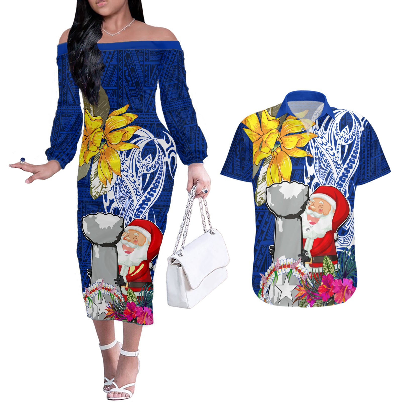 Custom Northern Mariana Islands Christmas Couples Matching Off The Shoulder Long Sleeve Dress and Hawaiian Shirt Funny Santa Hug Latte Stone Ylang-ylang and Polynesia Pattern Blue LT03 Blue - Polynesian Pride