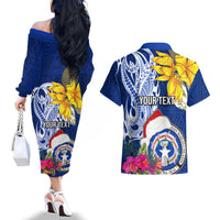 Custom Northern Mariana Islands Christmas Couples Matching Off The Shoulder Long Sleeve Dress and Hawaiian Shirt Funny Santa Hug Latte Stone Ylang-ylang and Polynesia Pattern Blue LT03 - Polynesian Pride