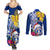 Custom Northern Mariana Islands Christmas Couples Matching Summer Maxi Dress and Long Sleeve Button Shirt Funny Santa Hug Latte Stone Ylang-ylang and Polynesia Pattern Blue LT03 - Polynesian Pride