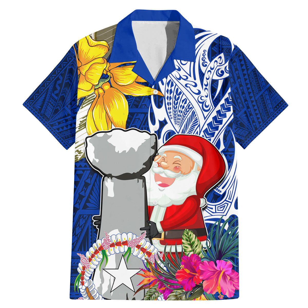 Custom Northern Mariana Islands Christmas Family Matching Mermaid Dress and Hawaiian Shirt Funny Santa Hug Latte Stone Ylang-ylang and Polynesia Pattern Blue LT03 Dad's Shirt - Short Sleeve Blue - Polynesian Pride