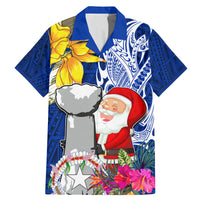 Custom Northern Mariana Islands Christmas Family Matching Mermaid Dress and Hawaiian Shirt Funny Santa Hug Latte Stone Ylang-ylang and Polynesia Pattern Blue LT03 Dad's Shirt - Short Sleeve Blue - Polynesian Pride