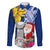 Custom Northern Mariana Islands Christmas Family Matching Mermaid Dress and Hawaiian Shirt Funny Santa Hug Latte Stone Ylang-ylang and Polynesia Pattern Blue LT03 Dad's Shirt - Long Sleeve Blue - Polynesian Pride