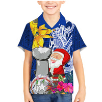 Custom Northern Mariana Islands Christmas Family Matching Mermaid Dress and Hawaiian Shirt Funny Santa Hug Latte Stone Ylang-ylang and Polynesia Pattern Blue LT03 Son's Shirt Blue - Polynesian Pride