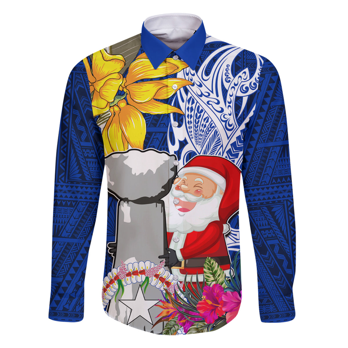 Custom Northern Mariana Islands Christmas Family Matching Off Shoulder Short Dress and Hawaiian Shirt Funny Santa Hug Latte Stone Ylang-ylang and Polynesia Pattern Blue LT03 Dad's Shirt - Long Sleeve Blue - Polynesian Pride