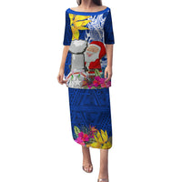 Custom Northern Mariana Islands Christmas Family Matching Puletasi Dress and Hawaiian Shirt Funny Santa Hug Latte Stone Ylang-ylang and Polynesia Pattern Blue LT03 Mom's Dress Blue - Polynesian Pride