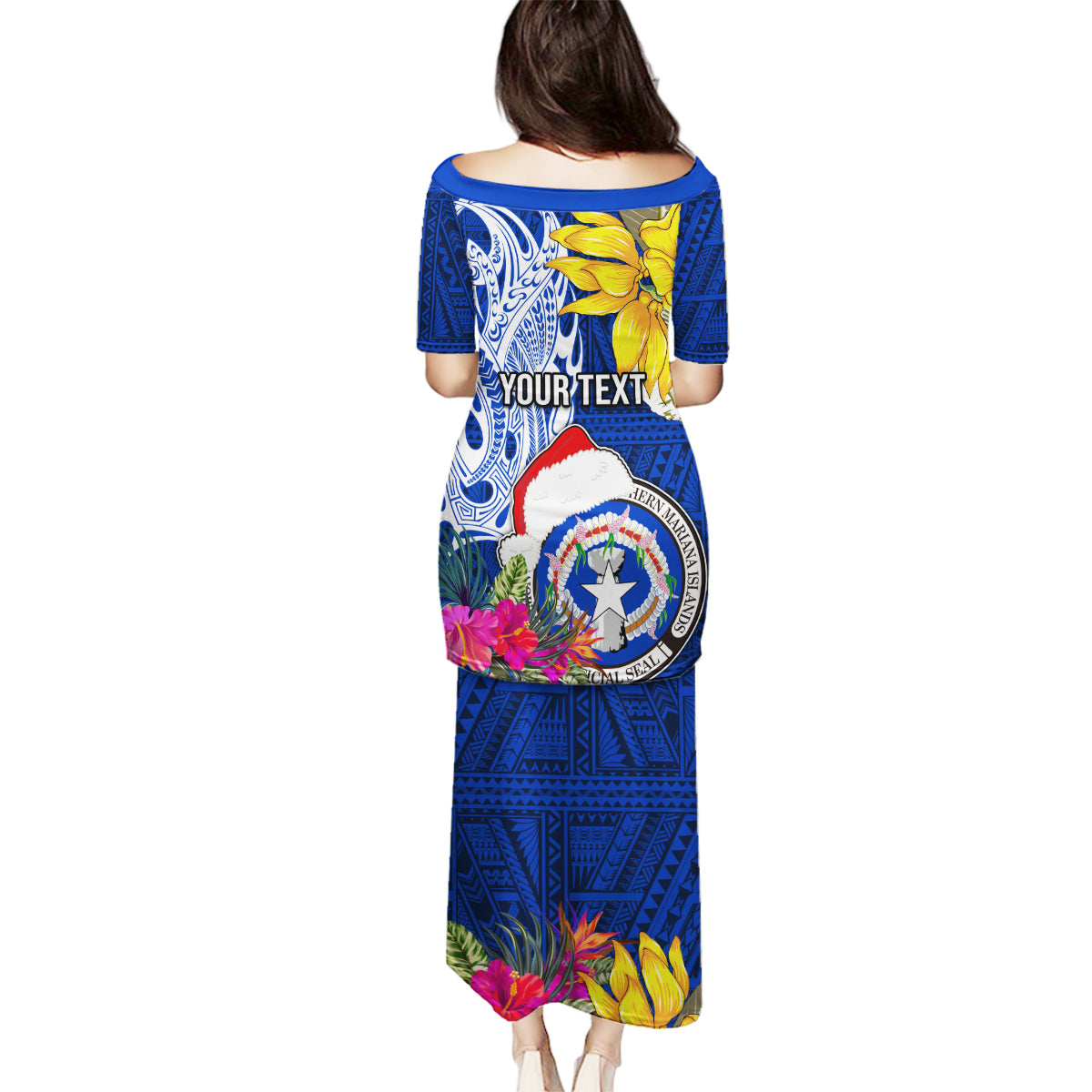 Custom Northern Mariana Islands Christmas Family Matching Puletasi Dress and Hawaiian Shirt Funny Santa Hug Latte Stone Ylang-ylang and Polynesia Pattern Blue LT03 - Polynesian Pride