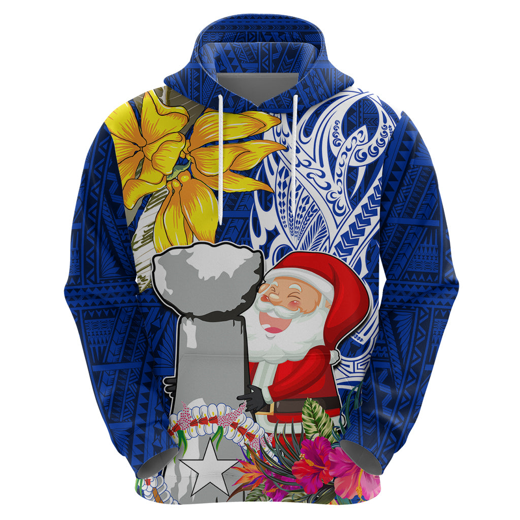 Custom Northern Mariana Islands Christmas Hoodie Funny Santa Hug Latte Stone Ylang-ylang and Polynesia Pattern Blue LT03 - Polynesian Pride