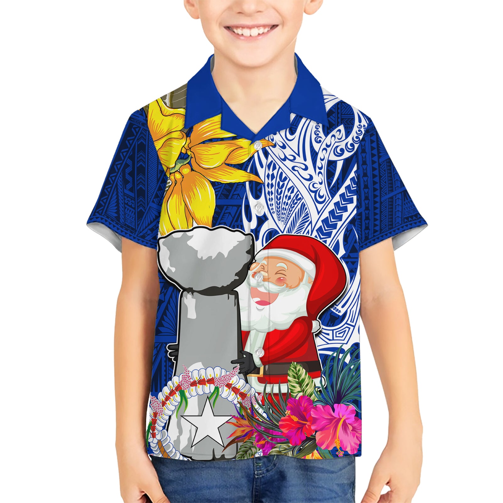 Custom Northern Mariana Islands Christmas Kid Hawaiian Shirt Funny Santa Hug Latte Stone Ylang-ylang and Polynesia Pattern Blue LT03 Kid Blue - Polynesian Pride