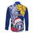 Custom Northern Mariana Islands Christmas Long Sleeve Button Shirt Funny Santa Hug Latte Stone Ylang-ylang and Polynesia Pattern Blue LT03 - Polynesian Pride