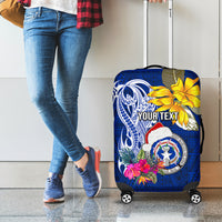 Custom Northern Mariana Islands Christmas Luggage Cover Funny Santa Hug Latte Stone Ylang-ylang and Polynesia Pattern Blue LT03 - Polynesian Pride