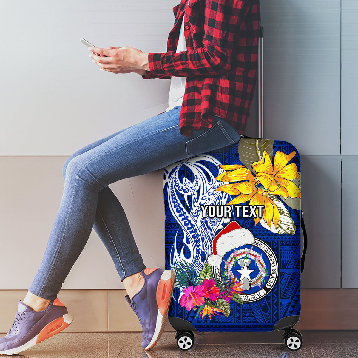 Custom Northern Mariana Islands Christmas Luggage Cover Funny Santa Hug Latte Stone Ylang-ylang and Polynesia Pattern Blue LT03 - Polynesian Pride
