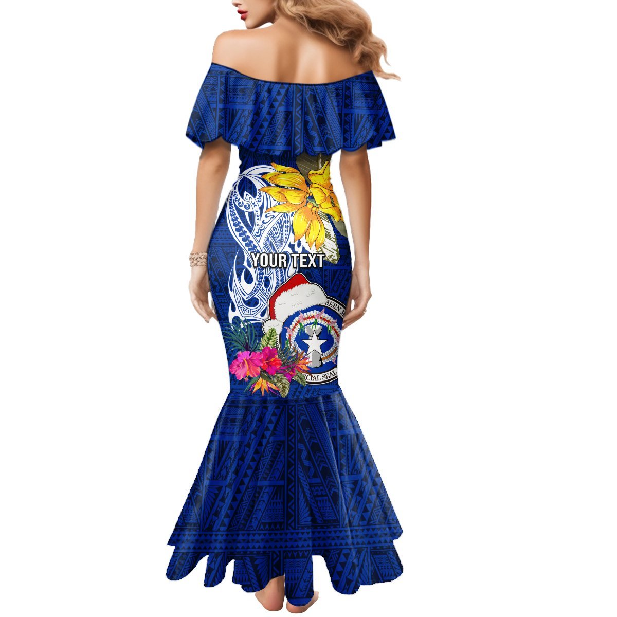 Custom Northern Mariana Islands Christmas Mermaid Dress Funny Santa Hug Latte Stone Ylang-ylang and Polynesia Pattern Blue LT03 - Polynesian Pride