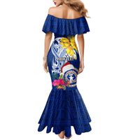 Custom Northern Mariana Islands Christmas Mermaid Dress Funny Santa Hug Latte Stone Ylang-ylang and Polynesia Pattern Blue LT03 - Polynesian Pride