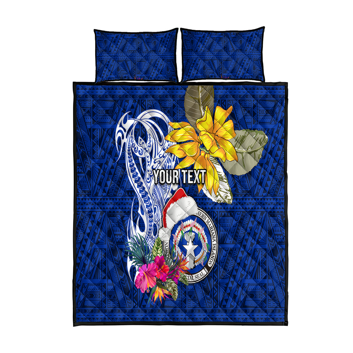 Custom Northern Mariana Islands Christmas Quilt Bed Set Funny Santa Hug Latte Stone Ylang-ylang and Polynesia Pattern Blue LT03 Blue - Polynesian Pride