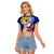 Custom Northern Mariana Islands Christmas Raglan Cropped T Shirt Funny Santa Hug Latte Stone Ylang-ylang and Polynesia Pattern Blue LT03 Female Blue - Polynesian Pride