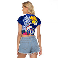 Custom Northern Mariana Islands Christmas Raglan Cropped T Shirt Funny Santa Hug Latte Stone Ylang-ylang and Polynesia Pattern Blue LT03 - Polynesian Pride