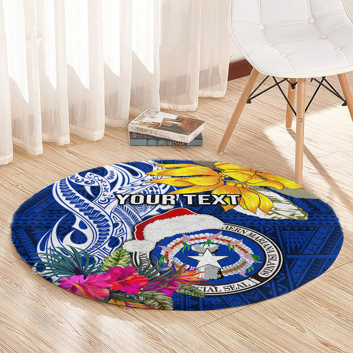 Custom Northern Mariana Islands Christmas Round Carpet Funny Santa Hug Latte Stone Ylang-ylang and Polynesia Pattern Blue LT03 - Polynesian Pride