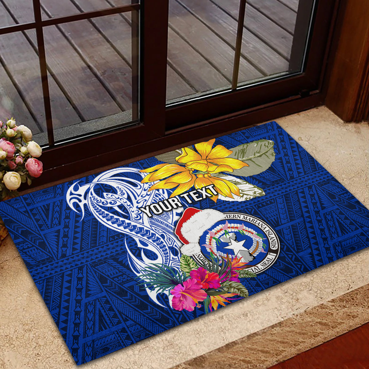 Custom Northern Mariana Islands Christmas Rubber Doormat Funny Santa Hug Latte Stone Ylang-ylang and Polynesia Pattern Blue LT03 - Polynesian Pride